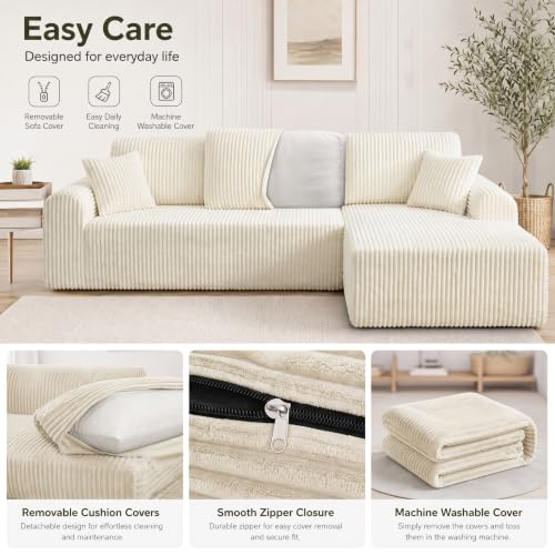 Image of KEIKI 109 inch Corduroy L-Shaped Sectional Sofa with Left Chaise, White