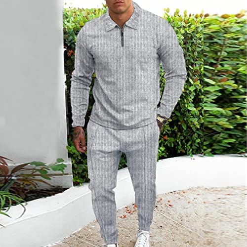 Mens Long Sleeve Casual Polo Shirt And Pant Sets Two Piece Fall Outfits Zipper Polo Tracksuit Set For Men M-3Xl(Grey,3X-Large) #TOP1