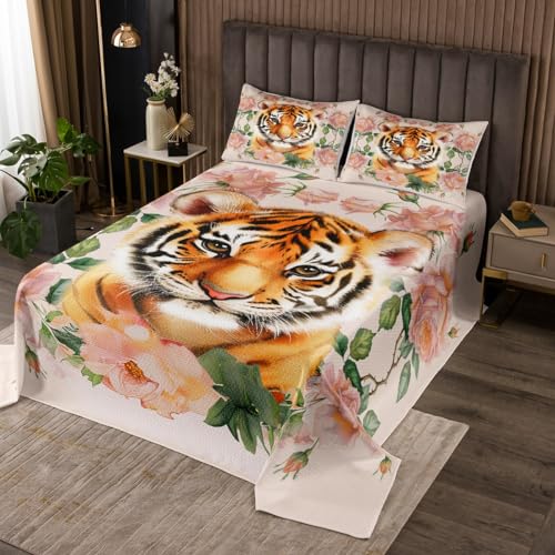 Erosebridal Cute Tiger Quilted Coverlet, Flower Leaves Coverlet Set for Kids Boys Girls Teens, African Safari Animal Bedspread King Size, Floral Garden Quilt Room Decor Guest Room Decor