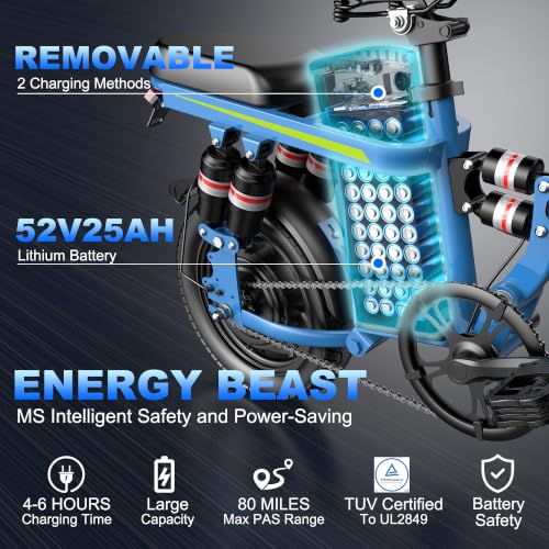 Image of Lightweight Folding Mini Electric Bike for Adults-14 Inch Electric Bicycles Ebike,2000W /1000W, 40 /28MPH,52V 25Ah & 48V 13Ah,50-80 Mile Long-Range, Removable Battery