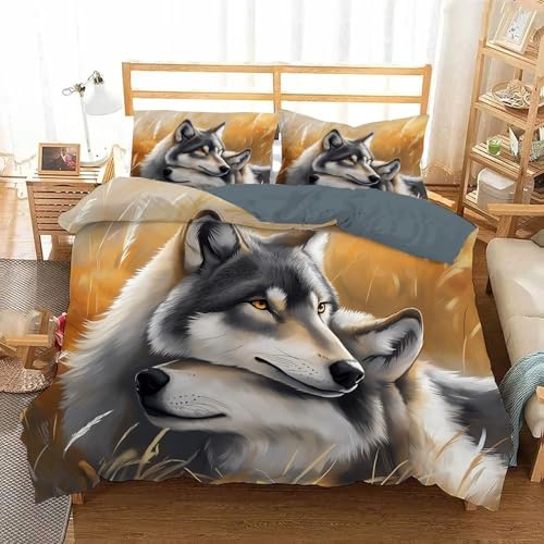Parure de lit loup gris aquarelle King Size housse de couette microfibre 3 pièces - 2