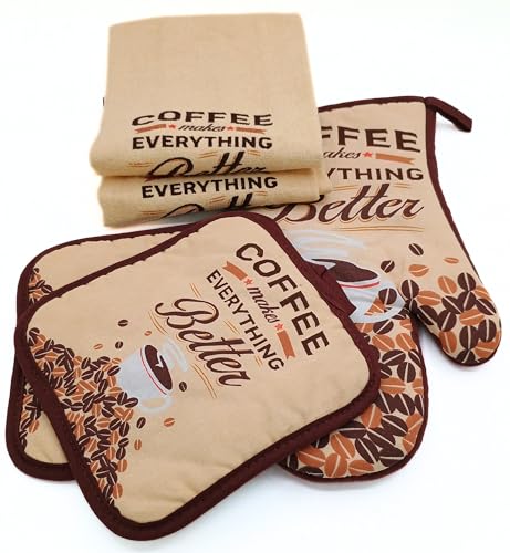 Sg6 Coffee Themed Kitchen Linen Set, 2 Dish Towels 15x25, 2 Pot Holders 7x7, Oven Mitt 7x13, 5 Piece Cotton Set, Coffee Makes Everything Better