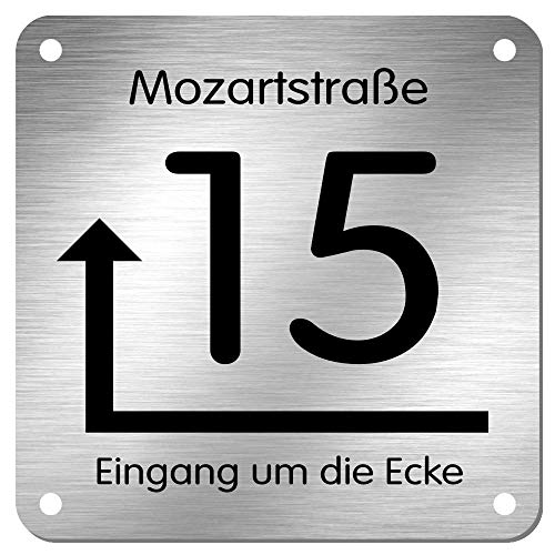 Edelstahl Hausnummer Namensschild Hinweisschild mit Pfeil und individueller Laser-Gravur * Modell 15 Eingang um die Ecke (100 mm x 100 mm)