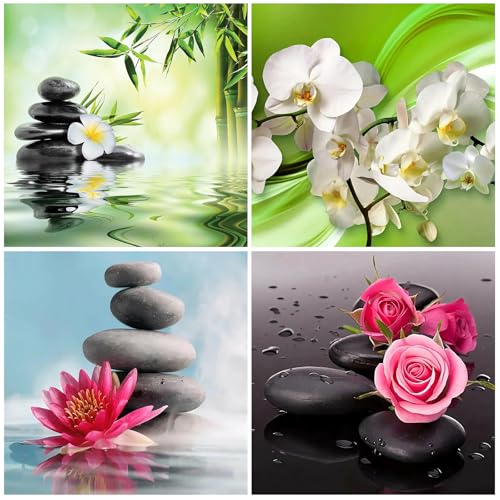 SHEGZHUC Lot de 4 peintures diamant Zen - 30 x 30 cm - Motif orchidées, lotus, roses - Peinture diamant - Peinture diamant - Peinture diamant - Broderie au...