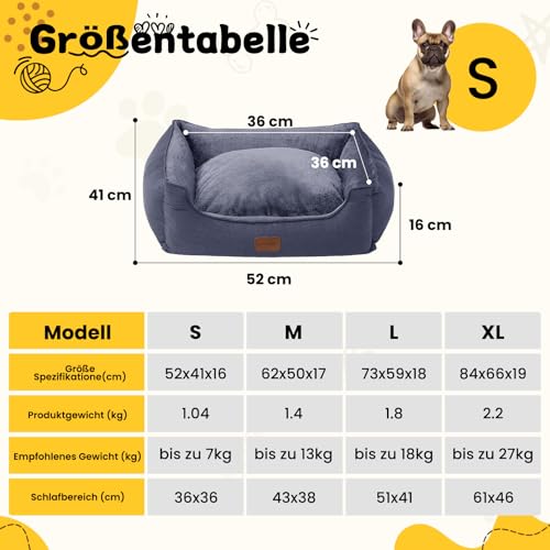 OUPEIWAWA Orthopädisches Hundebett für kleine & mittelgroße Hunde, 52x41x16cm, superweich und gemütlich, Hundekorb mit hohem Rand, Abnehmbarer & waschbarer Bezug, rutschfest, Dunkelgrau, Indoor/Auto