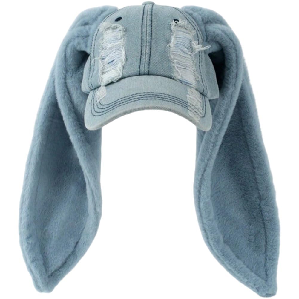 Ppmter Cute Bunny Hat Punk Hats Denim Distressed Baseball Cap Retro Outfits Long Rabbit Ear Y2k Grunge Hat for Women