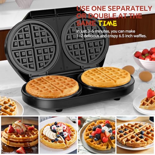 Image of Double Waffle Maker, 6.5 inch Dual Waffle Iron, 1200W Belgian Waffle Maker with Nonstick Plates, 2 Independent 5-Level Adjustable Temp Knobs, Easy to Clean, Stainless Steel