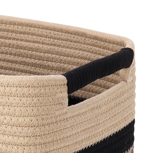 Image of Woven Rope Storage Bin for Organizing - Medium 13 inchx9.8 inchx9 inch Rectangular Cube Basket with Handles, Decorative Boho Nursery, Bathroom, Closet Organizer - Black & Jute by MicroIdeas