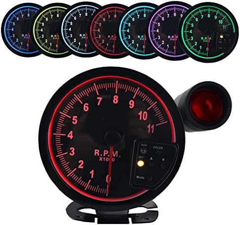 Dewhel 5" inch 7 Color LED 11K 12V Electronical RPM Tachometer Rev Counter Gauge with Red Shift Light Black Face Auto JDM Universal 11000 Sport Meter Kit Car Accessories