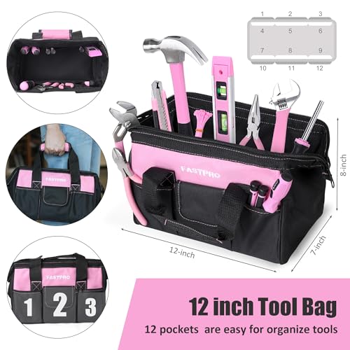 Image of FASTPRO 215-Piece Pink Tool Set, Home Repairing Tool Set with 12-Inch Wide Mouth Open Storage Bag, Household Hand Tool Kit, Pink
