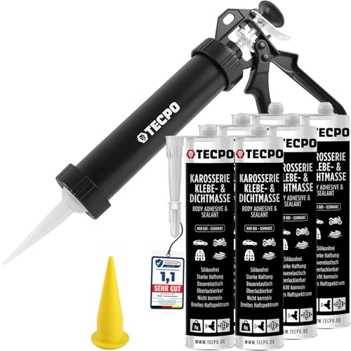 Presse à cartouche aluminium et 6 colles carrosserie noires TECPO 370 g pour joint étanche