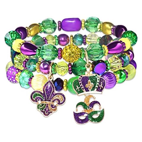 NLCAC Mardi Gras Bracelets Fleur De Lis Mask Corwn Charm Beaded Stretchy Bracelet Mardi Gras Accessories (3 charm bracelets) Cover