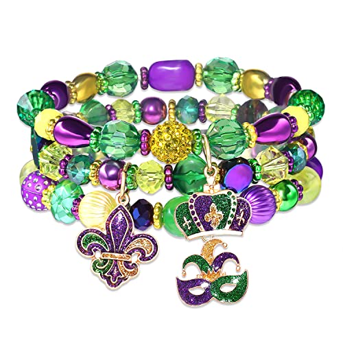 NLCAC Mardi Gras Bracelets for Women Glitter Mask Crown Fleur De Lis Charm Bracelets Purple Green Gold Beaded Stretch Bracelets Carnival Holiday Accessory Party Gifts