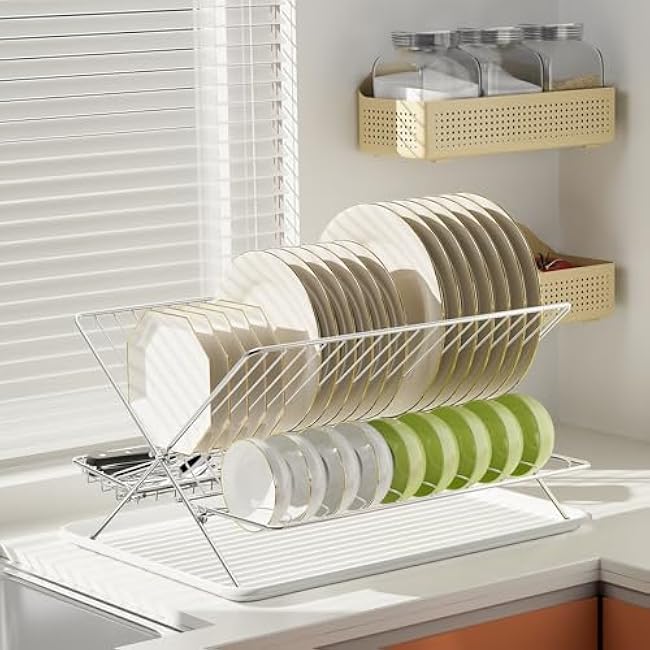 Dish Drying Rack with Drip Tray, 3 Tier Collapsible Stainless Steel Dish Drainer, Plate Rack Holder for Kitchen Counter, Folding Dish Rack for Kitchen Sink, Countertop,Cutlery, Plates, Dishes