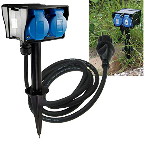Chilitec Gartensteckdose 4-Fach Außensteckdose 2m Kabel Erdspieß IP44 230V Stromverteiler - zugelassen für Aussenbereich H07RN-F 3G1,5mm² Schwarz
