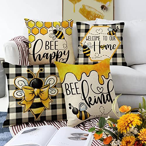 Ussap Summer Bee Happy Bee Kind Decorative Throw Pillow Covers 18 X 18 Set Of 4, Spring Black White Buffalo Plaid Honey Cushion Case Decor, Welcome To Our Home Farmhouse Decoration For Sofa Couch #TOP2