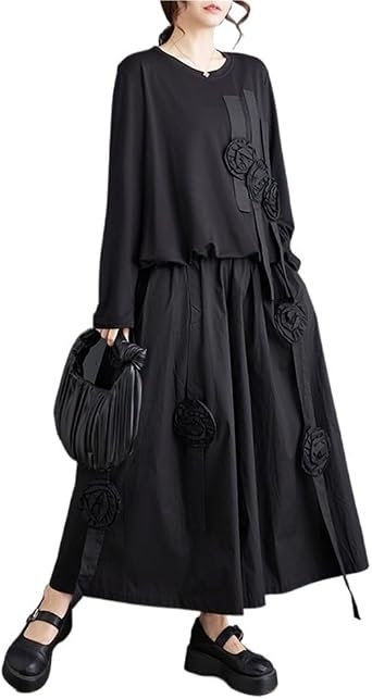 GHAKKE Womens Fashion Flower Decoration 2 Pieces Outfits Round Neck Short Sleeve Pullover Tops and Loose Wide Leg Pants Set