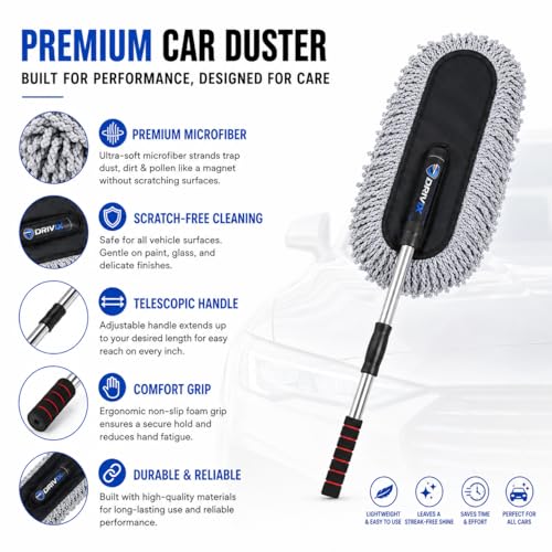 Image of Microfiber Car Duster with Extendable Handle | Scratch-Free Car Cleaning Brush | Car Dust Cleaner for Interior Exterior | Car Cleaning Accessories for Dashboard, Windshield, SUV