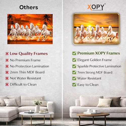 Image of XOPY Seven Running Horses with Golden Frame | Vastu 7 horses Raw Pyrite Painting for Home, Office & Living Room Wall Decore | 12X18 Inch Sparkle Laminated Frame | Best For Gifting (53307, 12X18)