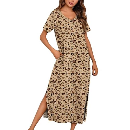 Marvmys Women Short Sleeve Nightgown Cotton Long Nightshirts with Pocket XX-Large Light Brown Heart