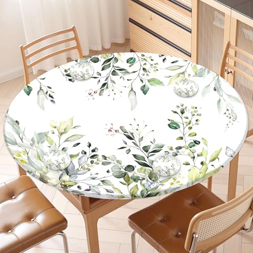 Floral Round Fitted Tablecloth with Elastic Edge Spring Summer Sage Green White Flower Leaf Table Cover for 40-44" Stretch Table Cloth with Leather Coasters Set of 4 for Dinner Indoor Outdoor Party by Czeservior - Used condition - Image 6