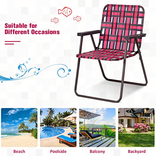 Gymax Folding Chair, 6Pcs Patio Lawn Chair Set With Armrest, Indoor/Outdoor 6 Pack Webbed Lightweight Dinning Chair, Portable Beach Chair For Outside, Poolside, Backyard (Red) #TOP6