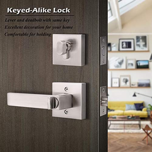 Gobrico Entry Lever Door Handle And Single Deadbolt Lockset Keyed Alike Lever Set In Satin Nickel,Square Rosette,For Front Door Entrance Door,1Pack #TOP2