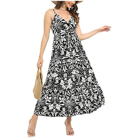 OSTOO Women's Floral Print Maxi Dresses Sleeveless Sleeves Boho Empire Waist Dress(Black,L) Cover