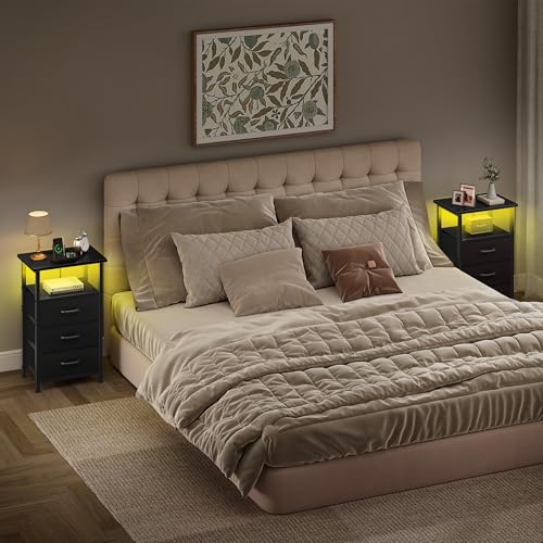 Vagusicc Night Stand Set 2 with Charging Station, LED Nightstand for Bedroom, Bedside Table with 3 Fabric Drawers, End Table Side Table with USB Ports & Outlets, Bed Side Table for Bedroom, Black Vagusicc Night Stand Set 2 with Charging Station, LED Nightstand for Bedroom, Bedside Table with 3 Fabric Drawers, End Table Side Table with USB Ports & Outlets, Bed Side Table for Bedroom, Black