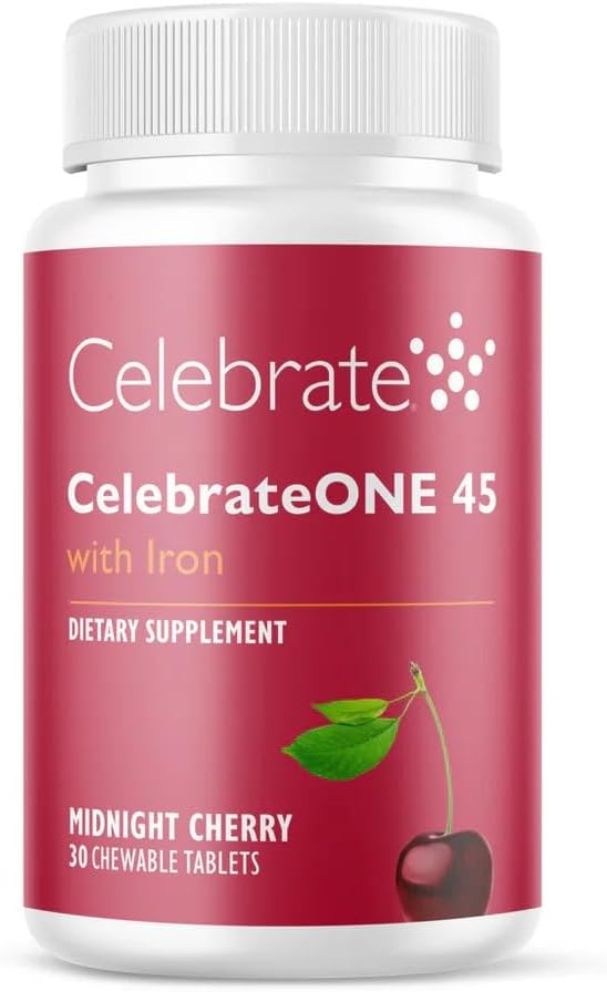 CelebrateONE 45 Bariatric Multivitamin with Iron, Once Daily Midnight Cherry Chewable for Gastric Sleeve & Bypass Patients 45 mg Iron, 30 Tablets, 1 Month Supply