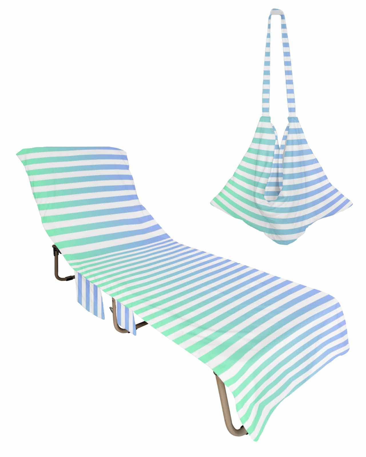 Purple Green Blue Ombre Thin Stripes Chaise Lounger Cover with Pockets, Pool Lounge Chair Covers 85