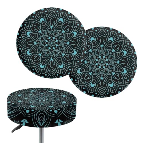 Lotusorchid Boho Mandala Flower Print Circle Chair Covers Slipcover Soft Stretchy Bar Stool Seat Covers Removable Barstool Slipcovers Fit Stool of Dia 14-16 Inch, Black and Green
