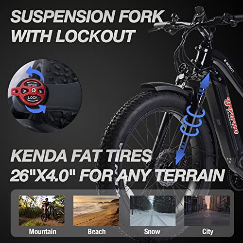 Young Electric Bike E-Scout, 750W Motor 48V 15Ah Lg Battery Up To 60 Miles 28Mph, 26''X4.0'' Fat Tire Mountain Snow Beach Off-Road Adult Ebike (Armor Black) #TOP4
