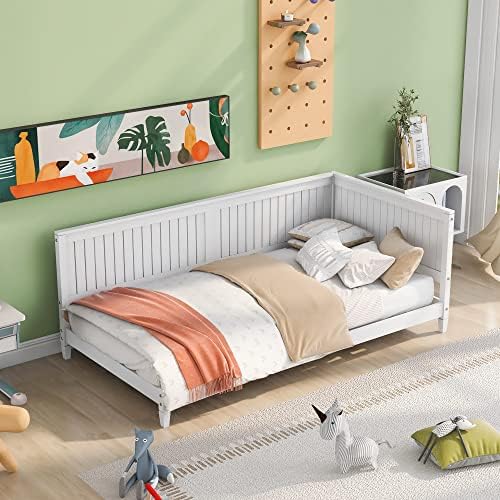 Twin Size Daybed, Wood Twin Low Bed Frame with Headboard and Sideboard, Wooden Floor Sofa Bed with Slats Support for Kids Room, Bedroom, Living Room, White