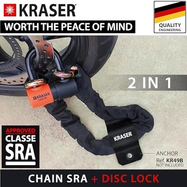 KRASER KR50100 Антиугонный комплект: мотоциклетная цепь безопасности, антиугонный замок для мотоцикла, сертифицированный Mini U Solid Ø18 + цепь 13,5, длиной 100 см, защита повышенной прочности