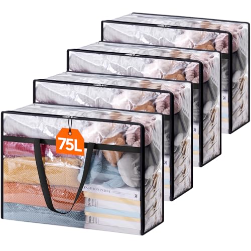 Lifewit 4 Pack Clear Clothes Storage Bags, 75L Plastic Blanket Storage Bag, Vinyl Foldable Moving Bags with Zipper, Closet Organizers and Storage Containers for Bedding, Duvet, Comforter