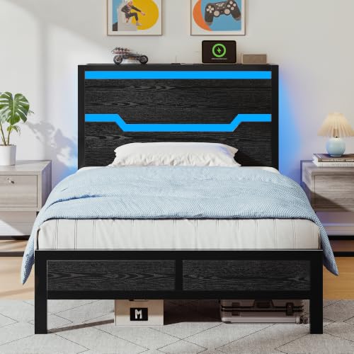 Image of Homkdom Twin Metal Bed Frame with LED Storage Headboard & USB Ports Black | Underbed Space for Robot Vacuum, Noise-Free Quiet Sleep Setup for Teens Room, College Dorms & Small Studio Apartments