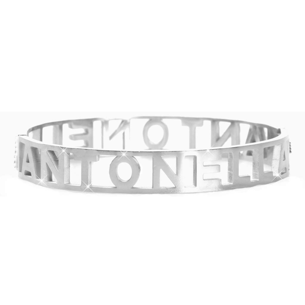 Flowers Bracciale Rigido Acciaio con Nome Vari e Zirconcini Sacchettino in Tessuto Scritta Nome ricoperta di Strass Brillantissimi Bracciale a Manetta Donna Chiusura a Molla Idea Regalo