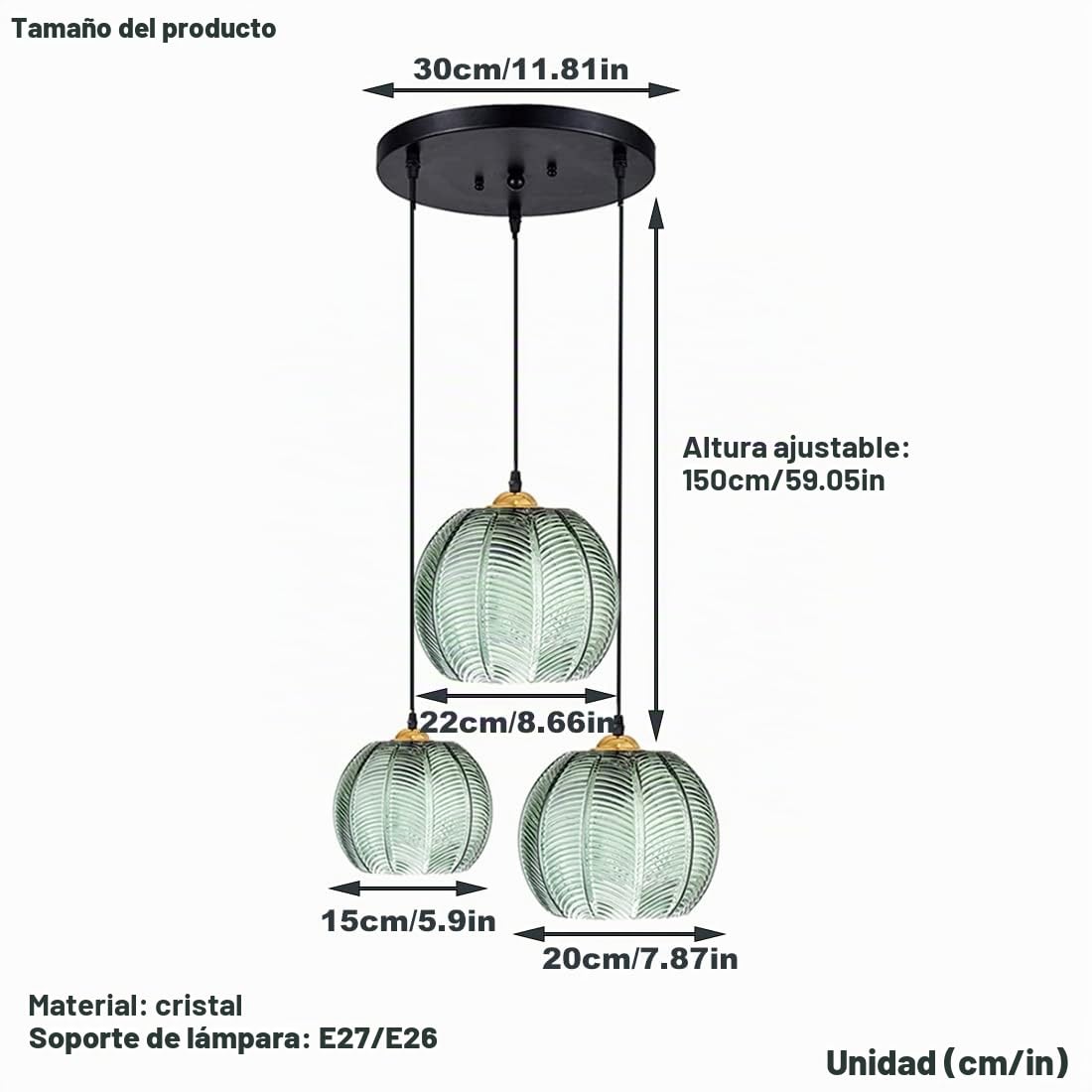 Luz colgante de vidrio Pantalla verde Iluminación de techo moderna Lámpara de vidrio Art Deco Sala de estar Comedor Dormitorio Salón Isla de cocina Lámpara colgante interior Accesorio, E27 Altura aju