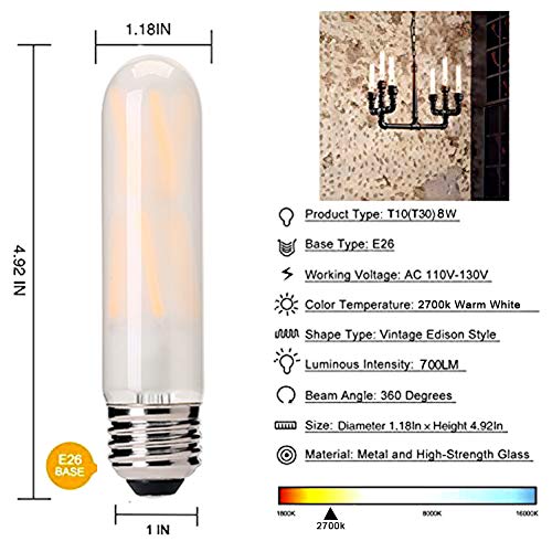 Dimmable 8W Led Edison Frost Tubular Bulb,2700K Warm White, T10/T30 Vintage Filament Led Light Bulb 75W Equivalent,E26 Base Frosted Glass Cover, 700 Lumens,Pack Of 6 #TOP2
