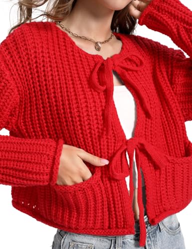 Image of Yimoon Womens Tie Front Chunky Cardigan Sweater Cropped Long Sleeve Open Front Cardigan Knit Trendy Sweater Tops (Red-M)