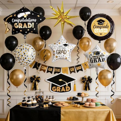 Image of Graduation Decorations Balloons for Class of 2026 Black Gold Confetti Latex Balloons 32pcs Helium Round Congrats Grad Explosion Star Foil Balloon Grad Hat Balloon College High School Grad Party Decor