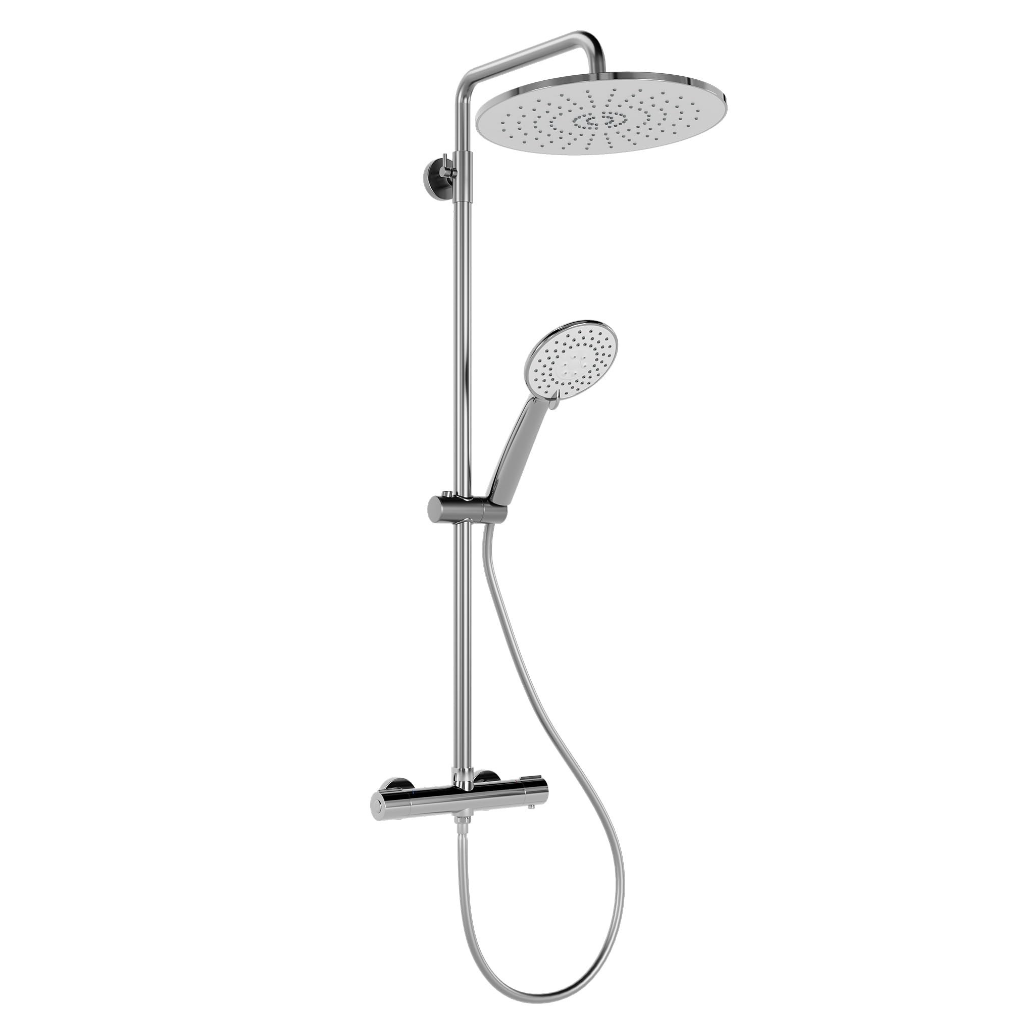 Columna Ducha Termostática Cromo, Sistema Completo con Grifo Termostático, Ducha Techo Redonda 25 cm, Alcachofa 3 Modos, Barra Deslizante Regulable, Bloqueo Seguridad 38°C, Cabezal Giratorio 360°