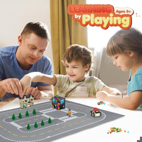 Image of Lekebaby 16 Pack 10 inch x 10 inch City Street Baseplates, 4 Curve / 4 T-Junction / 4 Straight / 4 Junction, Grey, HO Scale, Compatible with Major Brands