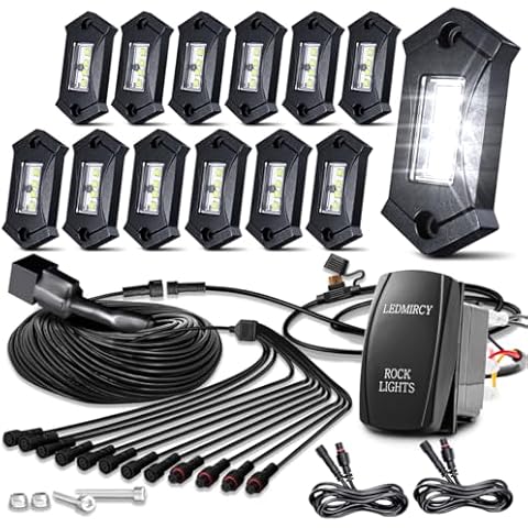 LEDMIRCY R3 Pure White Rock Lights Kit with Rocker Switch Wire Harness 12PCS LED Rock Lights White for Offroad Trucks ATV UTV SUV Underglow Lights High Power Trail Rig Lights Under Body Cover