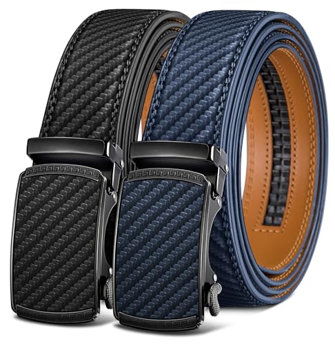 KEMISANT Cintura Uomo 2 Pezzi, Cintura Uomo Pelle Cricchetto Automatica Fibbia 35mm,Trim Regolabile per Adattars(Nero/Blu Violaceo-110cm/30-36vita regolabile)