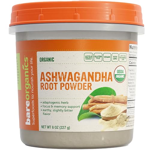 BareOrganics Ashwagandha Root Powder - Pure Herbal Ashwagandha - Organic Root Powder for Men & Women USDA Organic Vegan 8 Oz