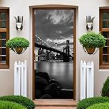 Noir Autocollant Porte Le pont et la ville de Brooklyn Stickers de Porte 73x204 cm PVC Auto Adhésif Imperméable Trompe L'oeil Papier Peint Muraux pour Cuisine Chambre Salle de Bain Decor
