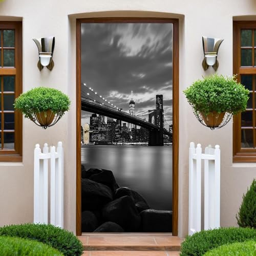 Noir Autocollant Porte Le pont et la ville de Brooklyn Stickers de Porte 73x204 cm PVC Auto-Adhésif Imperméable Trompe L'oeil Papier Peint Muraux pour Cuisine Chambre...