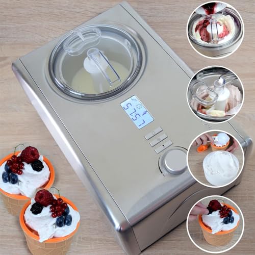 Gino Gelati Eismaschine mit Kompressor Helado Speiseeismaschine Eisbereiter, 1,5 Liter Kapazität, silber, 250 Watt Leistung, Edelstahl, leichte Reinigung – Bild 3
